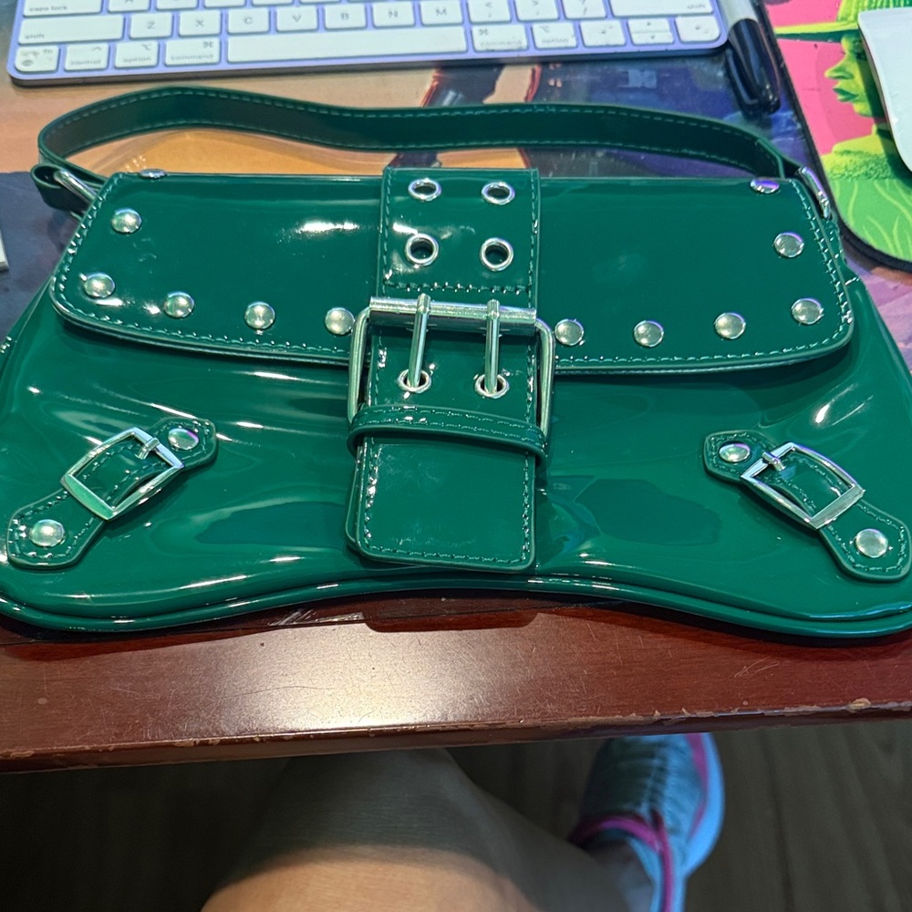 Patent Leather Green Shoulder Bag with Buckle Accent